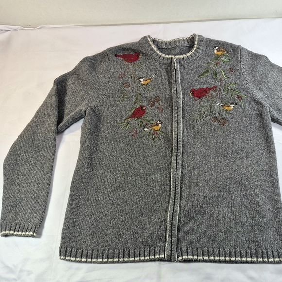 Croft & Barrow Gray Cardinal Embroidered Zip Front Knit Cardigan Sweater Large - Picture 4 of 11
